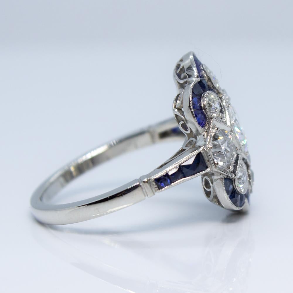 Art Deco Handmade Platinum 1.90 Carat Old Mine Cut Diamonds and Sapphire Ring