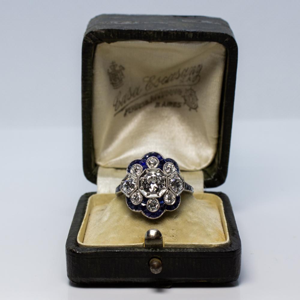 Handmade Platinum 1.90 Carat Old Mine Cut Diamonds and Sapphire Ring In New Condition In Miami, FL