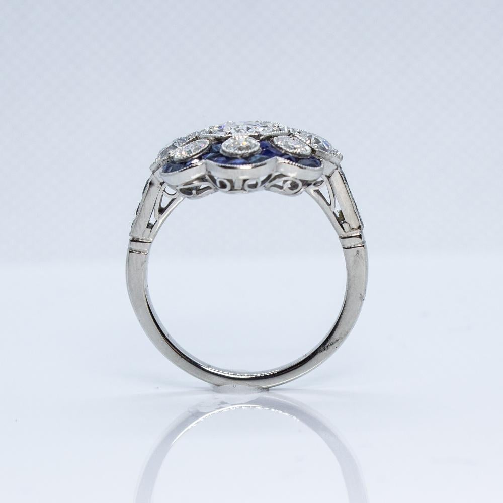 Women's or Men's Handmade Platinum 1.90 Carat Old Mine Cut Diamonds and Sapphire Ring