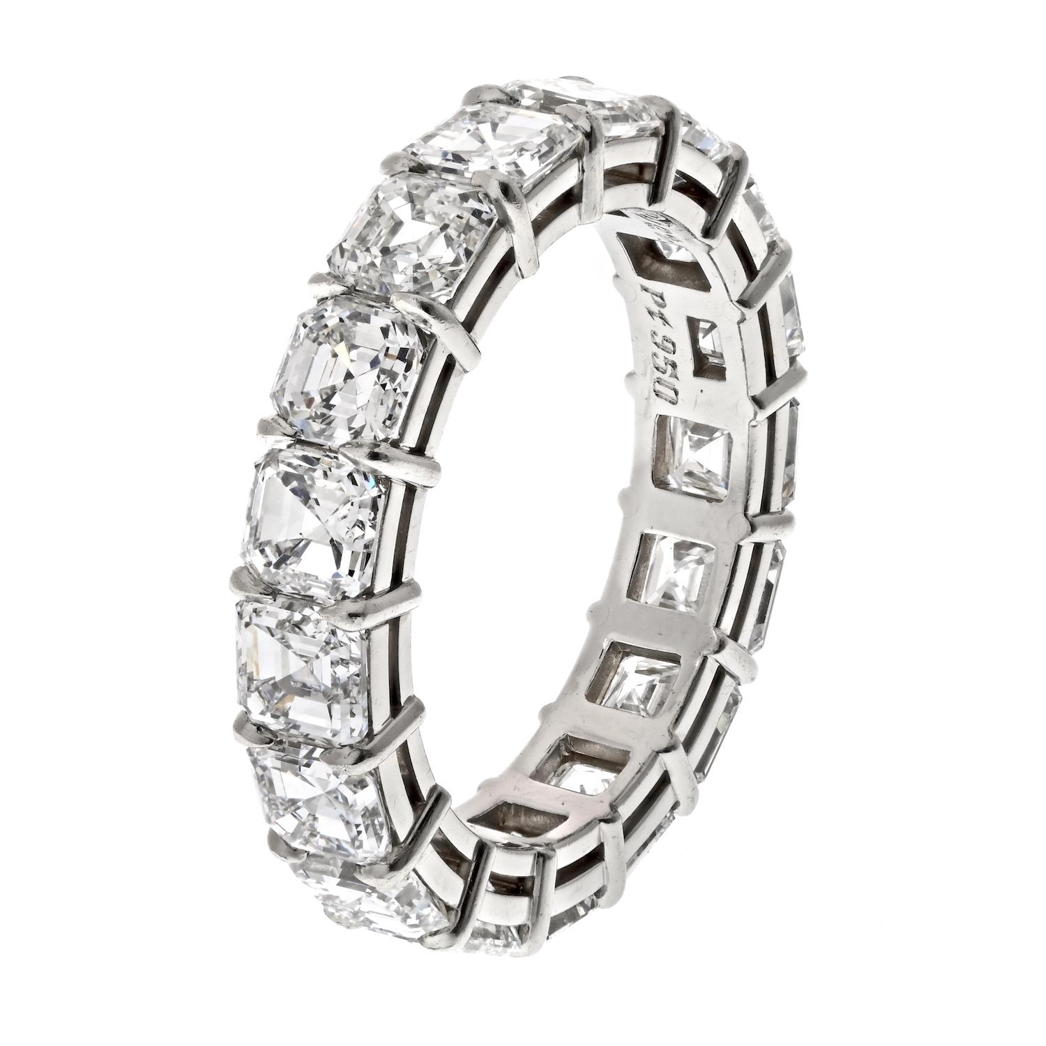 This stunning diamond eternity band is a true statement piece, crafted in platinum with Asscher cut diamonds. With a total carat weight of 7.82cttw and 17 diamonds F-G color, VS1-VS2 clarity, this ring exudes luxury and elegance. The diamonds are