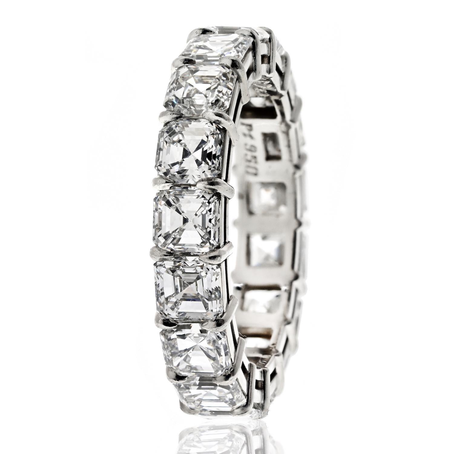 Handmade Platinum 7.82cttw Diamond Asscher Cut Eternity Band In Excellent Condition For Sale In New York, NY