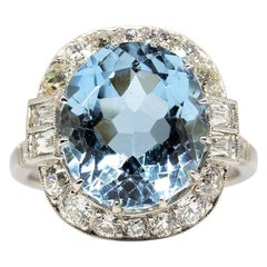 Handmade Platinum Aquamarine and Diamonds Ring