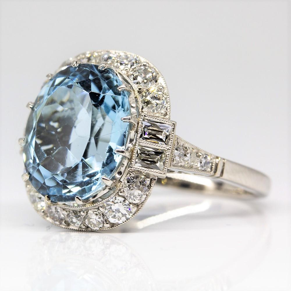 Art Deco Handmade Platinum Aquamarine and Diamonds Ring