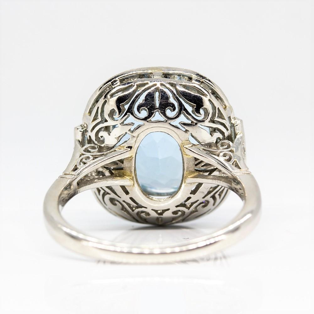 Old Mine Cut Handmade Platinum Aquamarine and Diamonds Ring