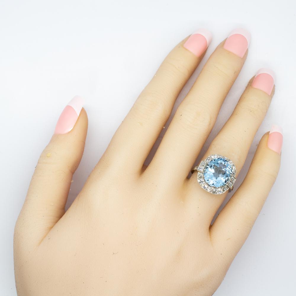 Women's or Men's Handmade Platinum Aquamarine and Diamonds Ring