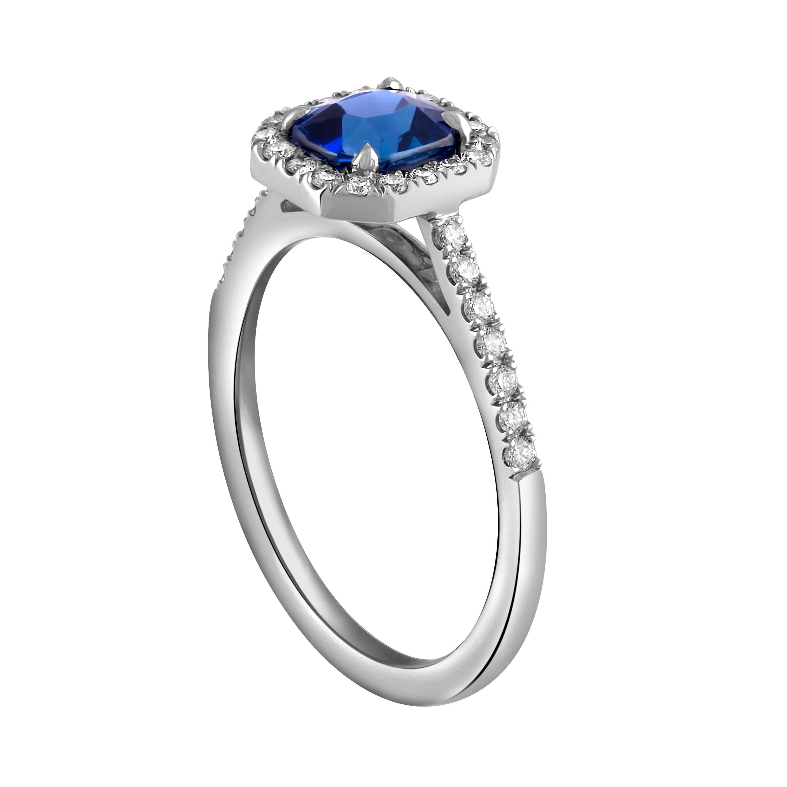Shah & Shah's handmade platinum and diamond surround ring is designed with a 1.20ct octagonal cut certified natural Kashmir blue sapphire and 0.25 carats of round brilliant cut diamonds.

The ring is a size 6. Initial sizing is complimentary and an