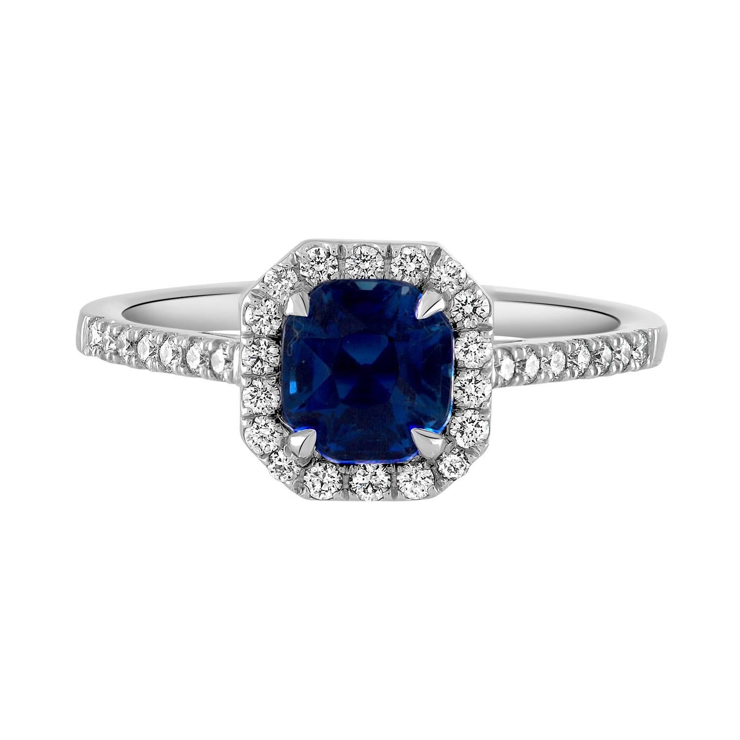 Handmade Platinum, Certified Kashmir Blue Sapphire and Diamond Surround Ring For Sale