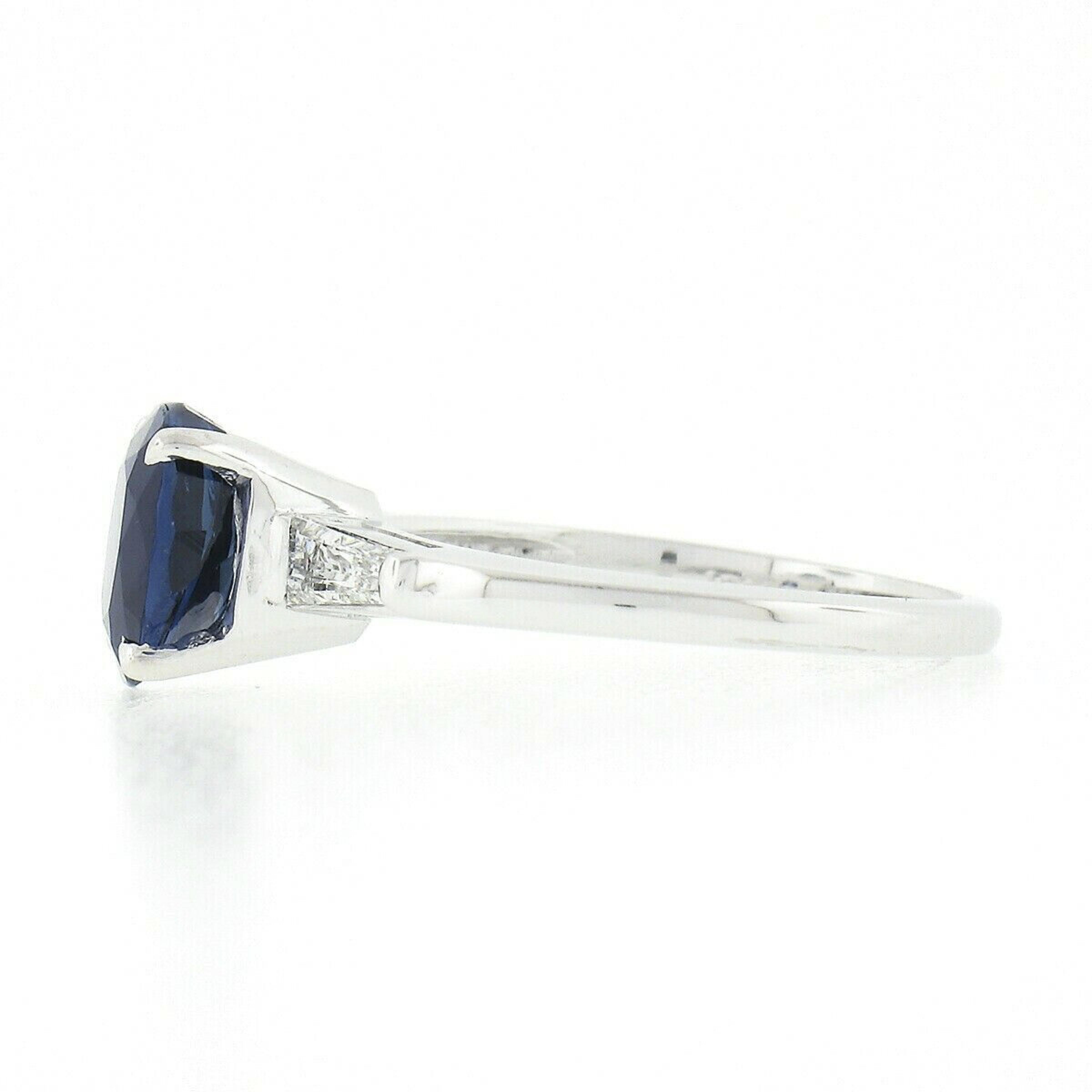 Oval Cut Handmade Platinum Certified Oval Sapphire & Baguette Diamond Engagement Ring For Sale