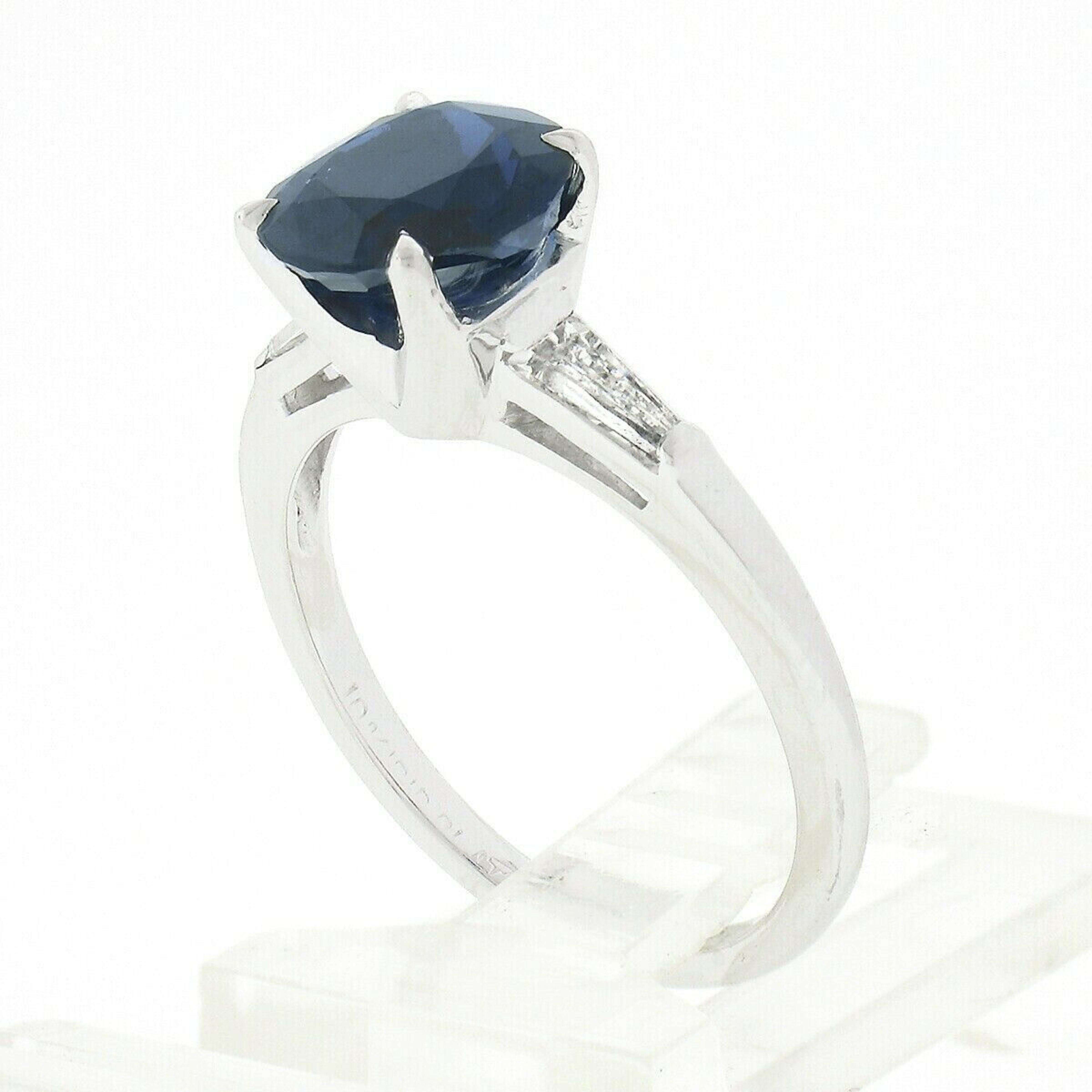 Handmade Platinum Certified Oval Sapphire & Baguette Diamond Engagement Ring For Sale 1