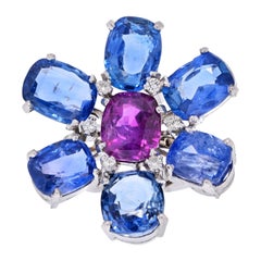 Vintage Handmade Platinum Ceylon Sapphire and Purple Flower Ring