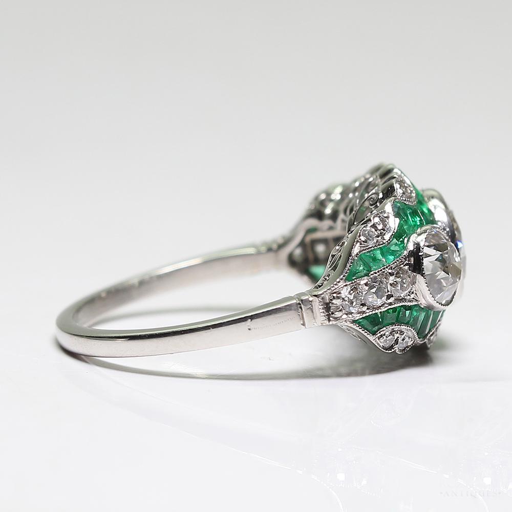 Art Deco Handmade Platinum Contemporary 2.25 Carat Diamond and 2 Carat Emerald Ring