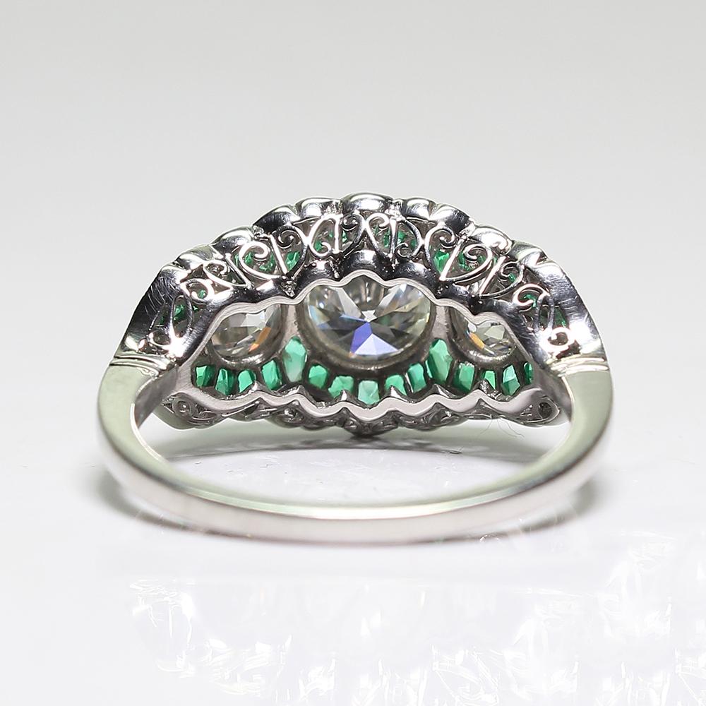 Old Mine Cut Handmade Platinum Contemporary 2.25 Carat Diamond and 2 Carat Emerald Ring