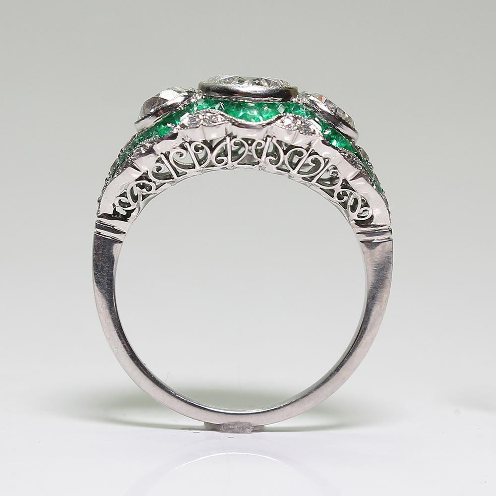 Women's or Men's Handmade Platinum Contemporary 2.25 Carat Diamond and 2 Carat Emerald Ring