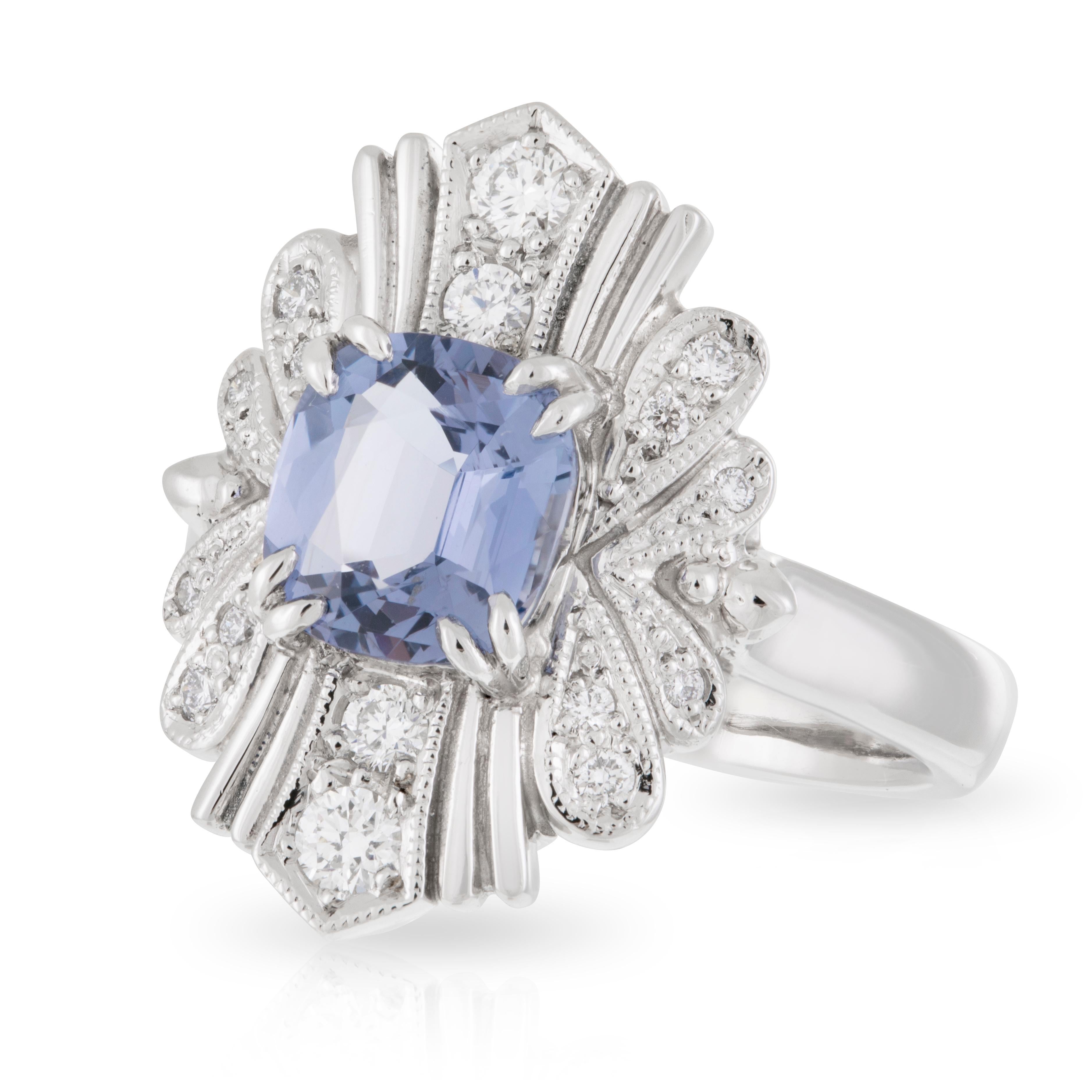 Platinum Cushion Cut Blue 2.23ct Spinel Art Deco Style Diamond Halo Ring In New Condition For Sale In Brisbane, QLD