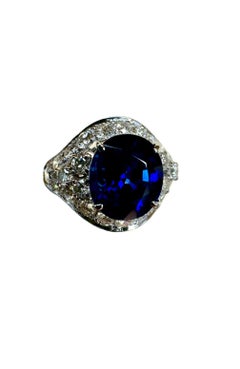 Platinum Diamond 4.10 Carat GIA Oval Royal Blue Sapphire Engagement Ring