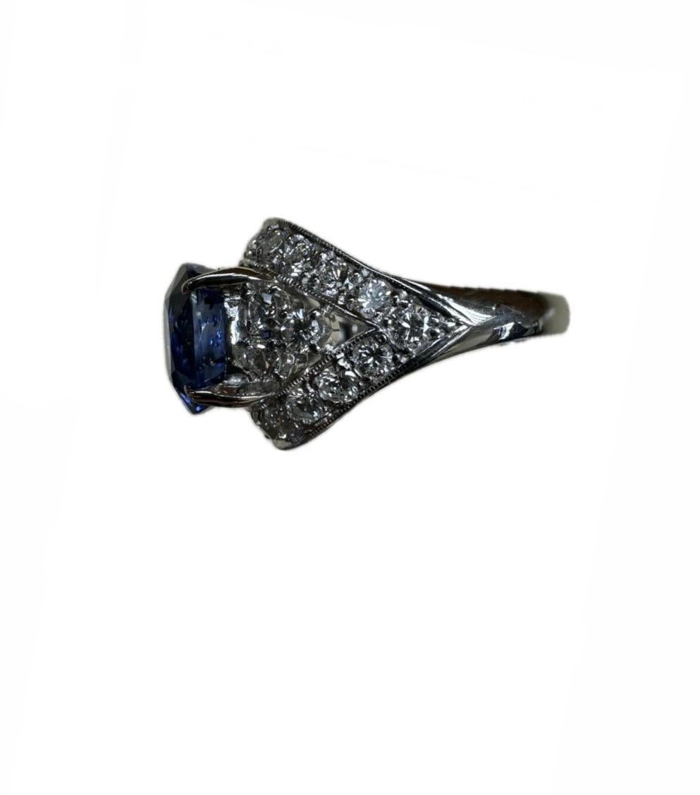 Art Deco Platinum Diamond 4.10 Carat GIA Oval Royal Blue Sapphire Engagement Ring For Sale
