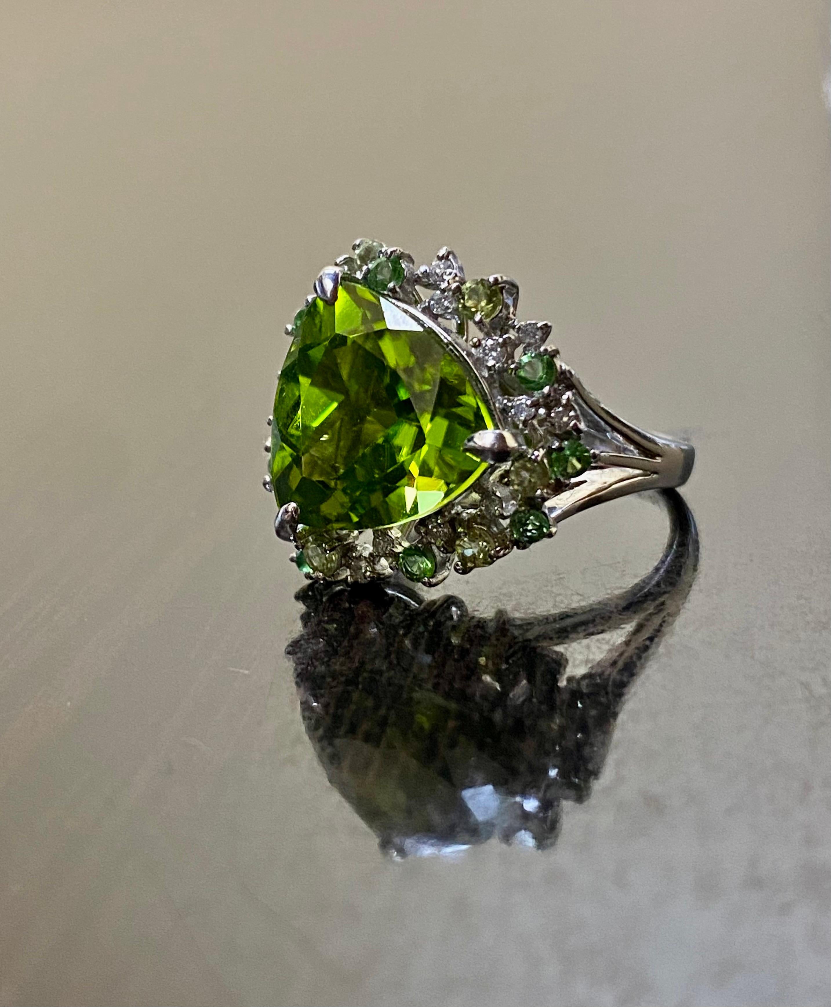 Women's Handmade Platinum Diamond 8.43 Carat Trillion Peridot Engagement Ring For Sale
