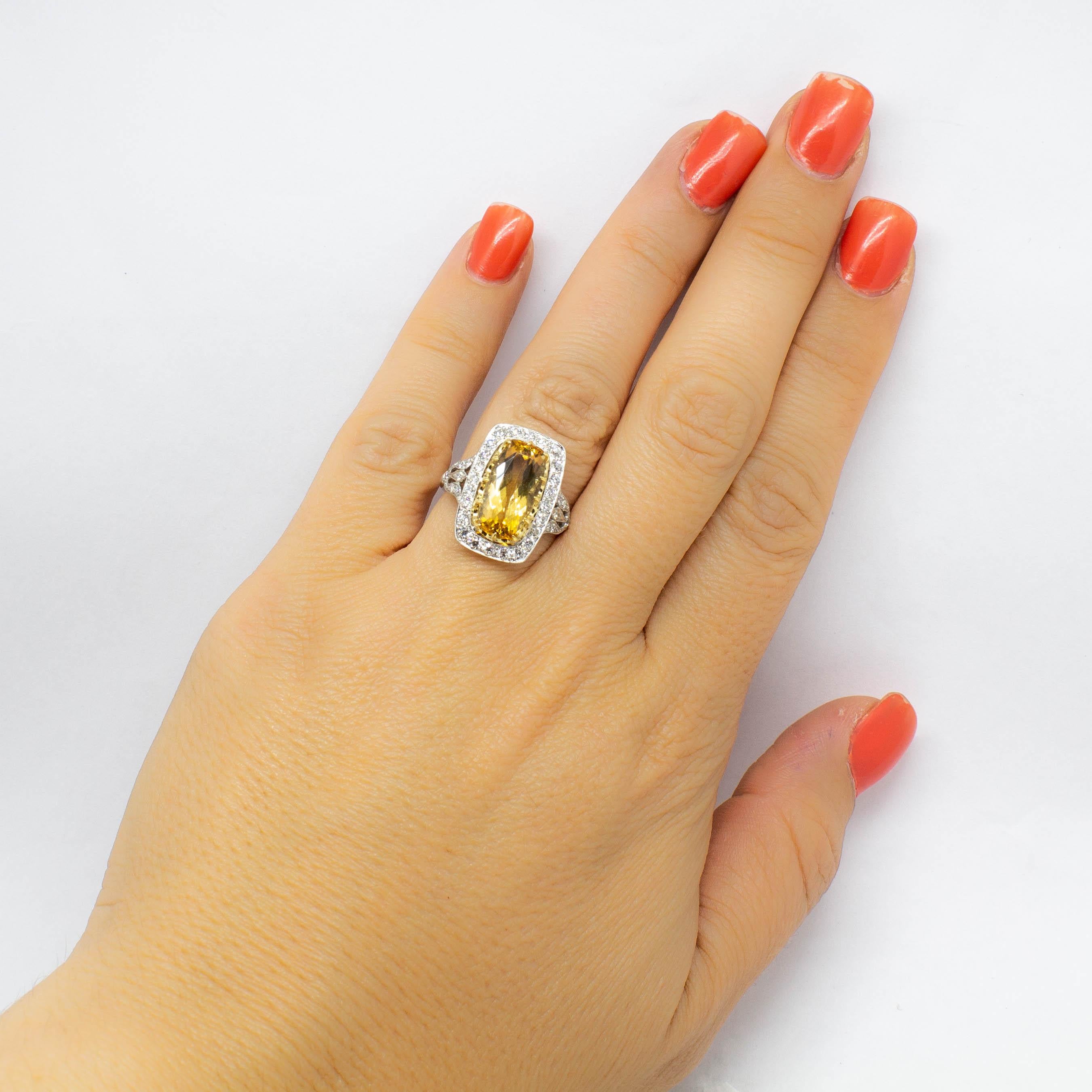 Old Mine Cut Handmade Platinum Diamond and Yellow Topaz Designed Ring For Sale