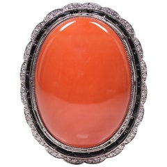 Handmade Platinum Diamond, Onyx and Coral Ring
