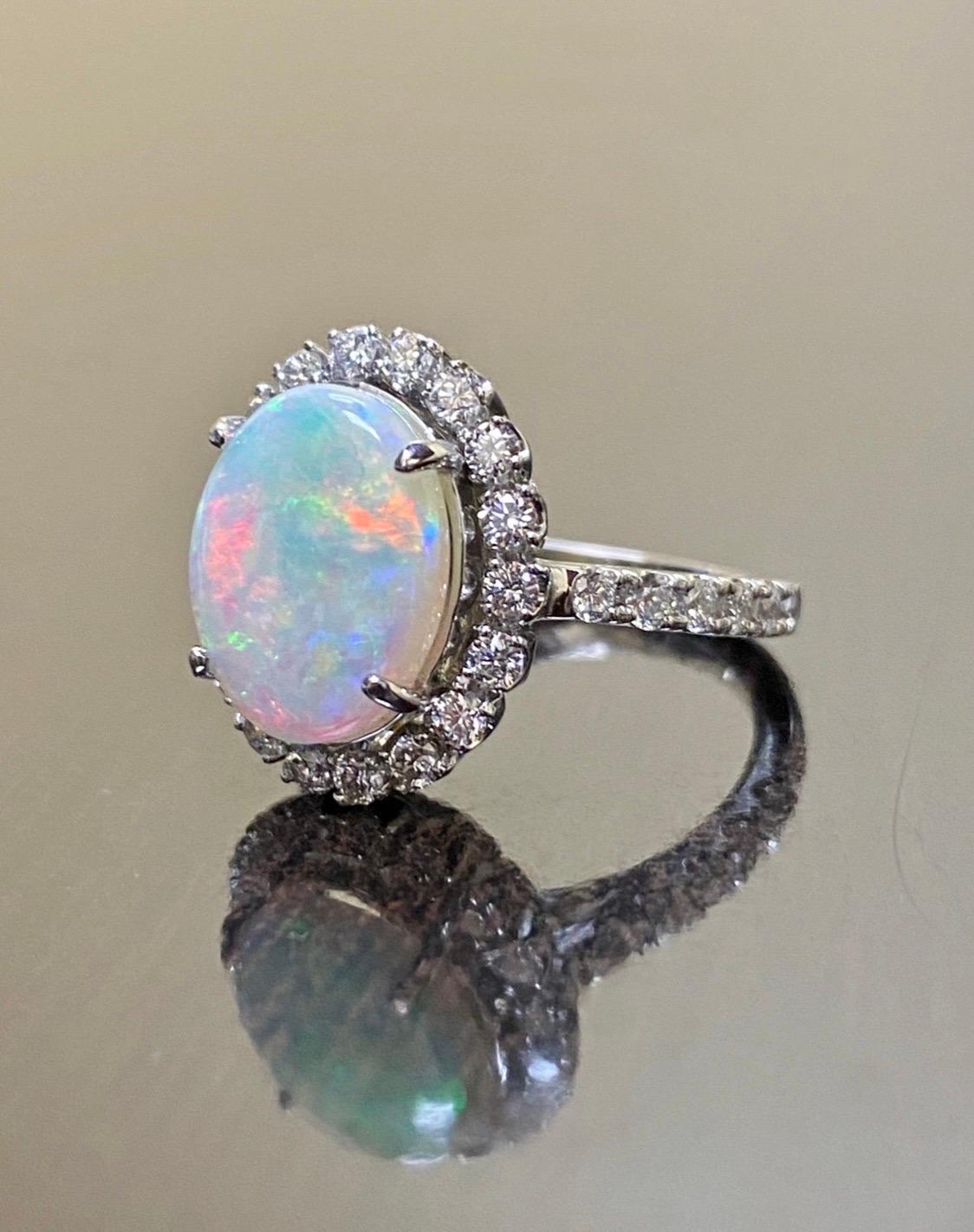 Handmade Platinum French U Pave Halo Diamond Australian Opal Engagement Ring  For Sale 1