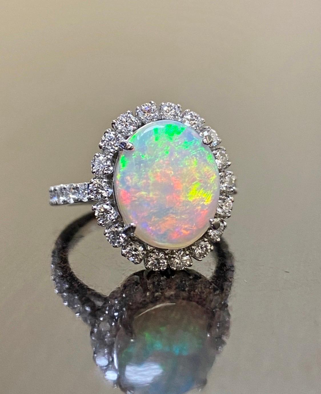Art Deco Handmade Platinum French U Pave Halo Diamond Australian Opal Engagement Ring  For Sale