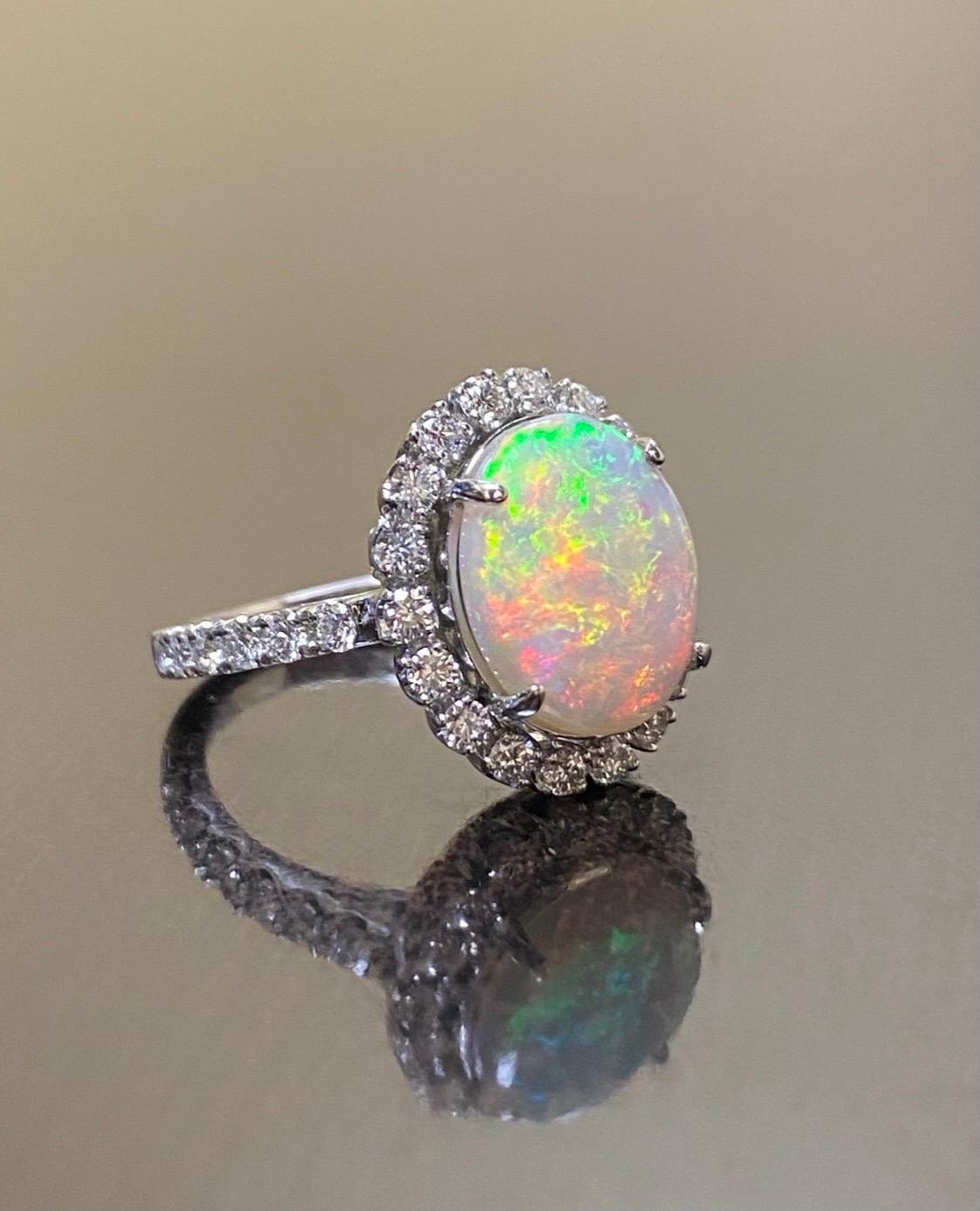 Round Cut Handmade Platinum French U Pave Halo Diamond Australian Opal Engagement Ring  For Sale