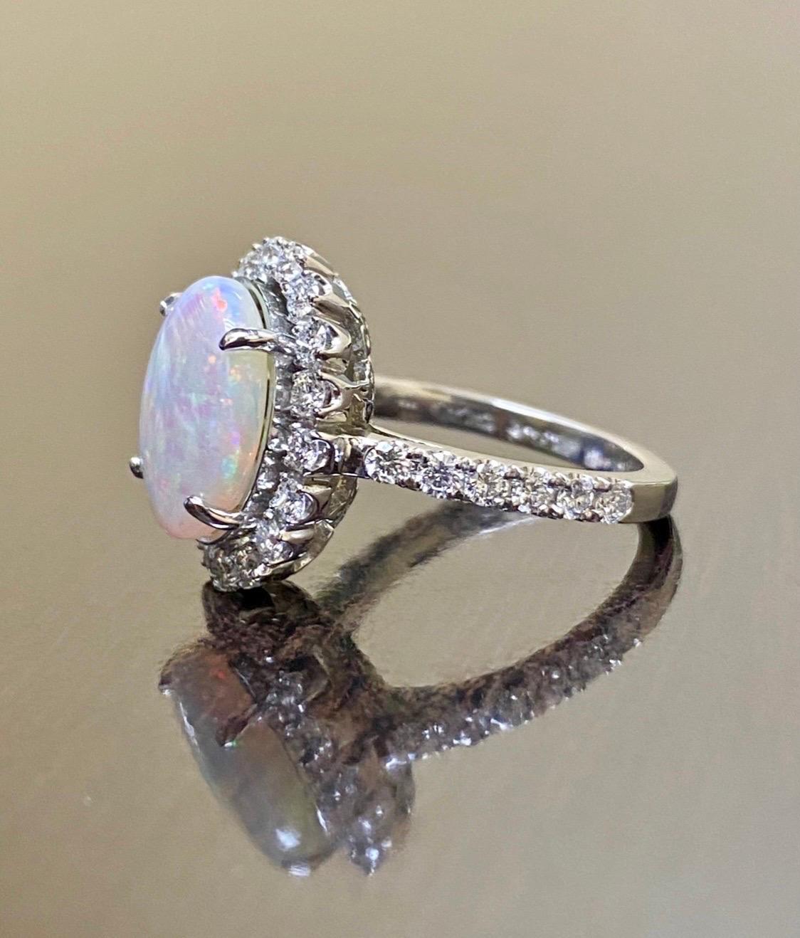 Women's or Men's Handmade Platinum French U Pave Halo Diamond Australian Opal Engagement Ring  For Sale