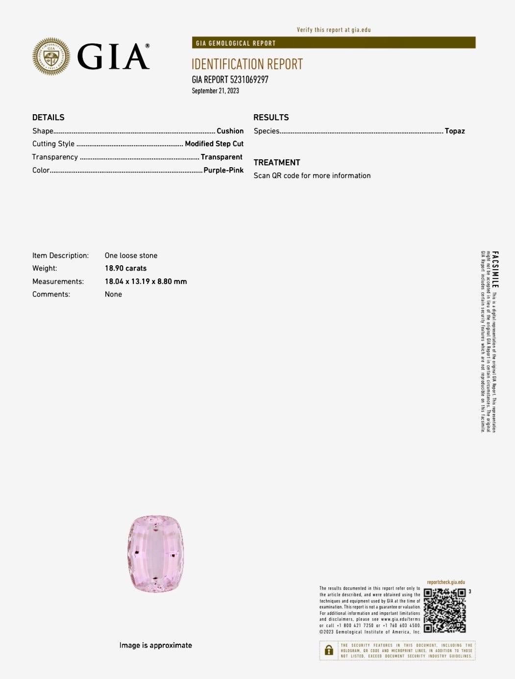 Handmade Platinum GIA Certified 18.90 Carat Cushion Cut Pink Topaz Ring For Sale 8