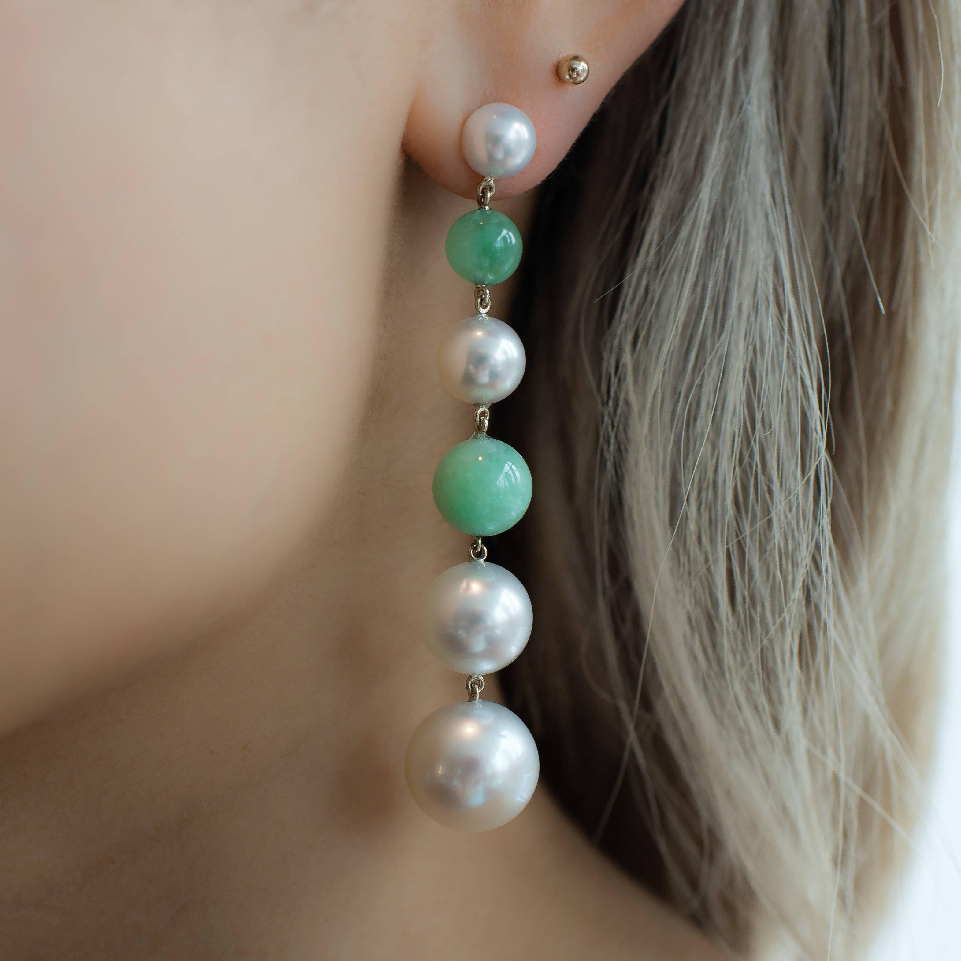 Handmade Platinum, Jadeite, Akoya and South Sea Pearl Drop Earrings In New Condition In Washington, DC