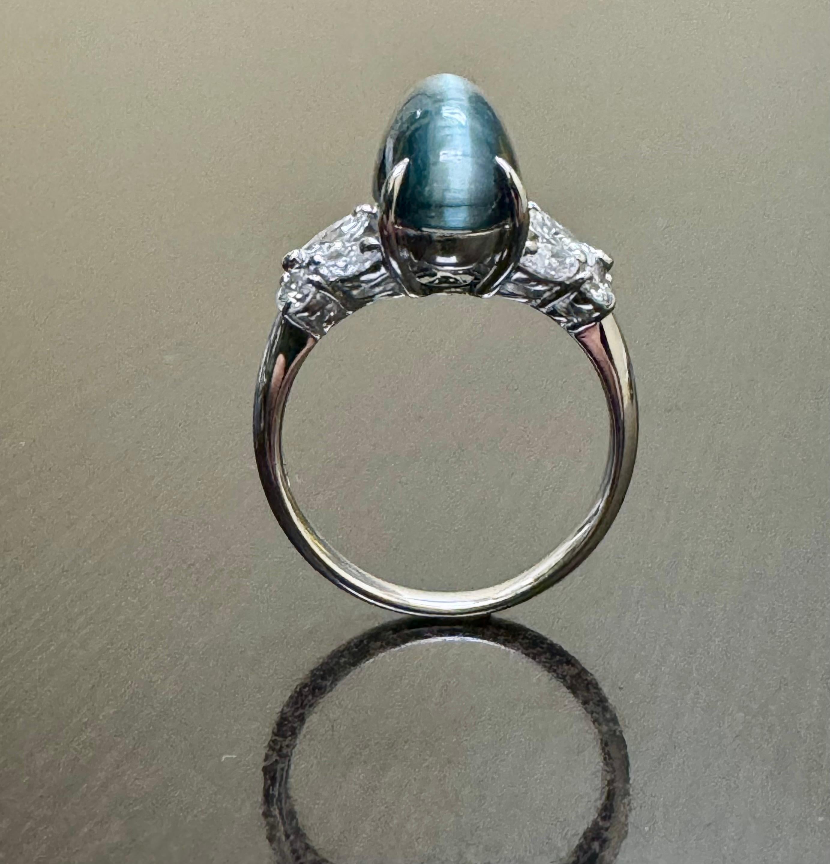 Handmade Platinum Marquise Diamond 7.13 Carat Catseye Tourmaline Engagement Ring For Sale 1