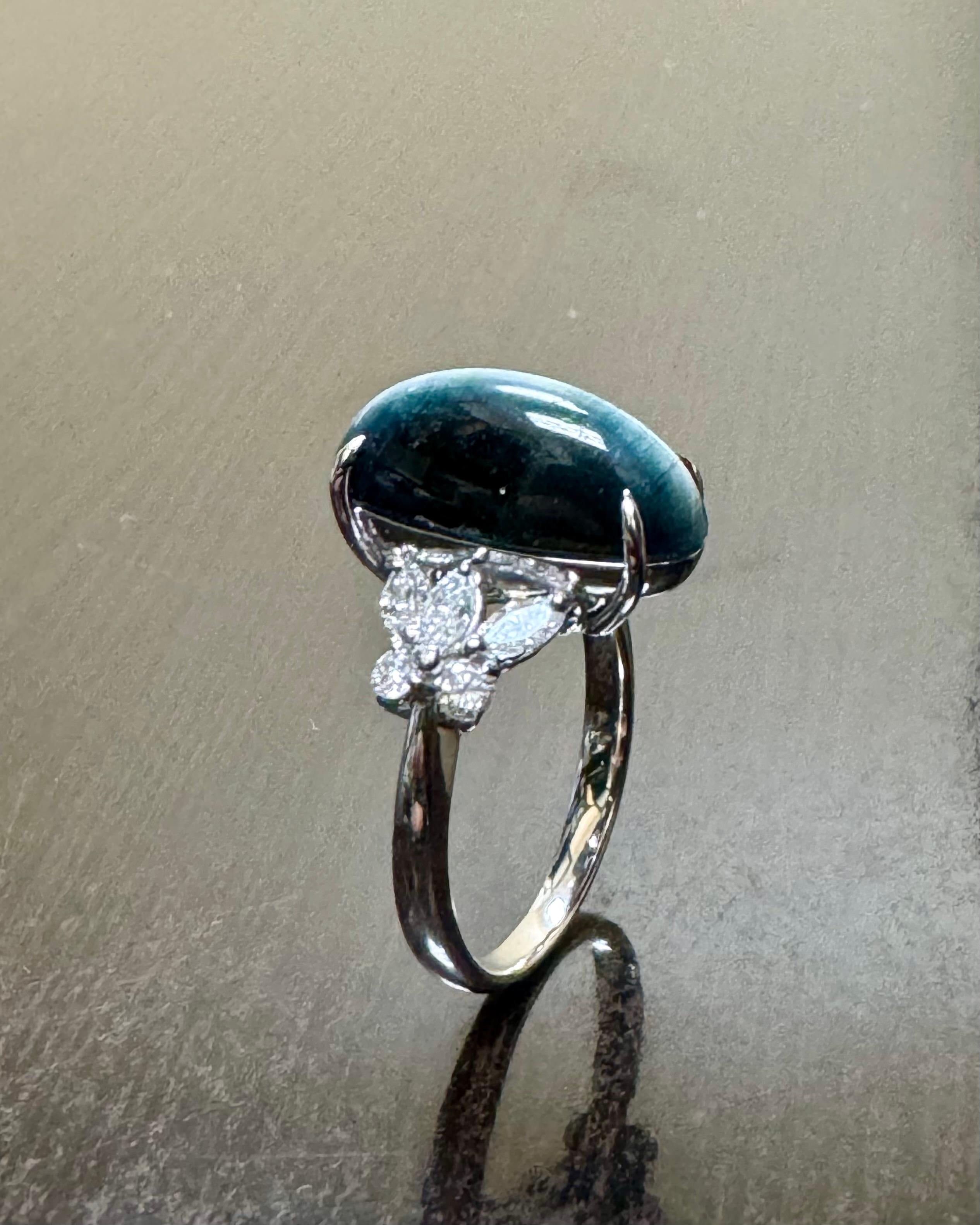 Handmade Platinum Marquise Diamond 7.13 Carat Catseye Tourmaline Engagement Ring For Sale 2