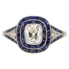 Handmade Platinum Old Mine and Sapphire Engagement Ring