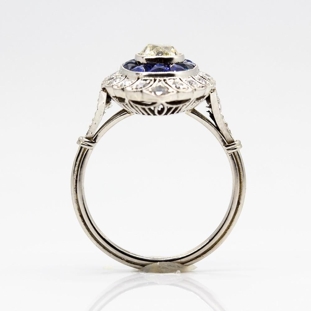 Handmade Platinum Old Mine Antique Diamonds and Sapphires Ring In Excellent Condition In Miami, FL