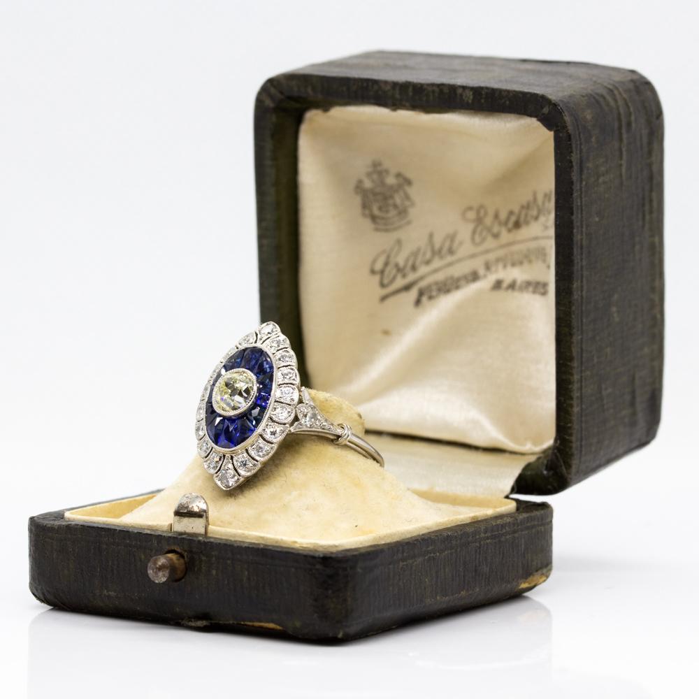 Women's or Men's Handmade Platinum Old Mine Antique Diamonds and Sapphires Ring