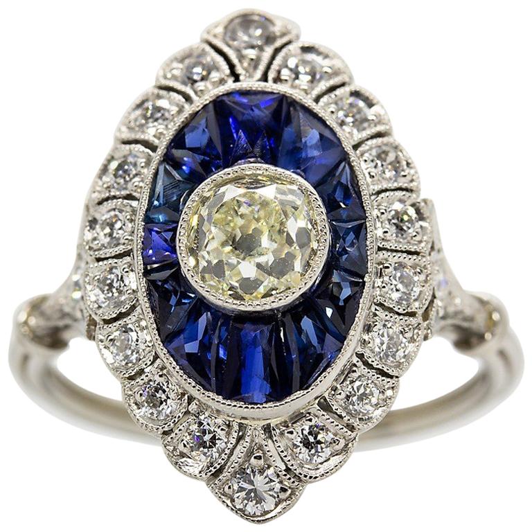 Handmade Platinum Old Mine Antique Diamonds and Sapphires Ring 1