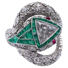 Handmade Platinum Serpentine Ring with Diamonds, Rubies, and Emeralds