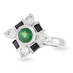 Handmade Platinum Tsavorite Garnet, Black Spinel and Diamond Art Deco Dress Ring