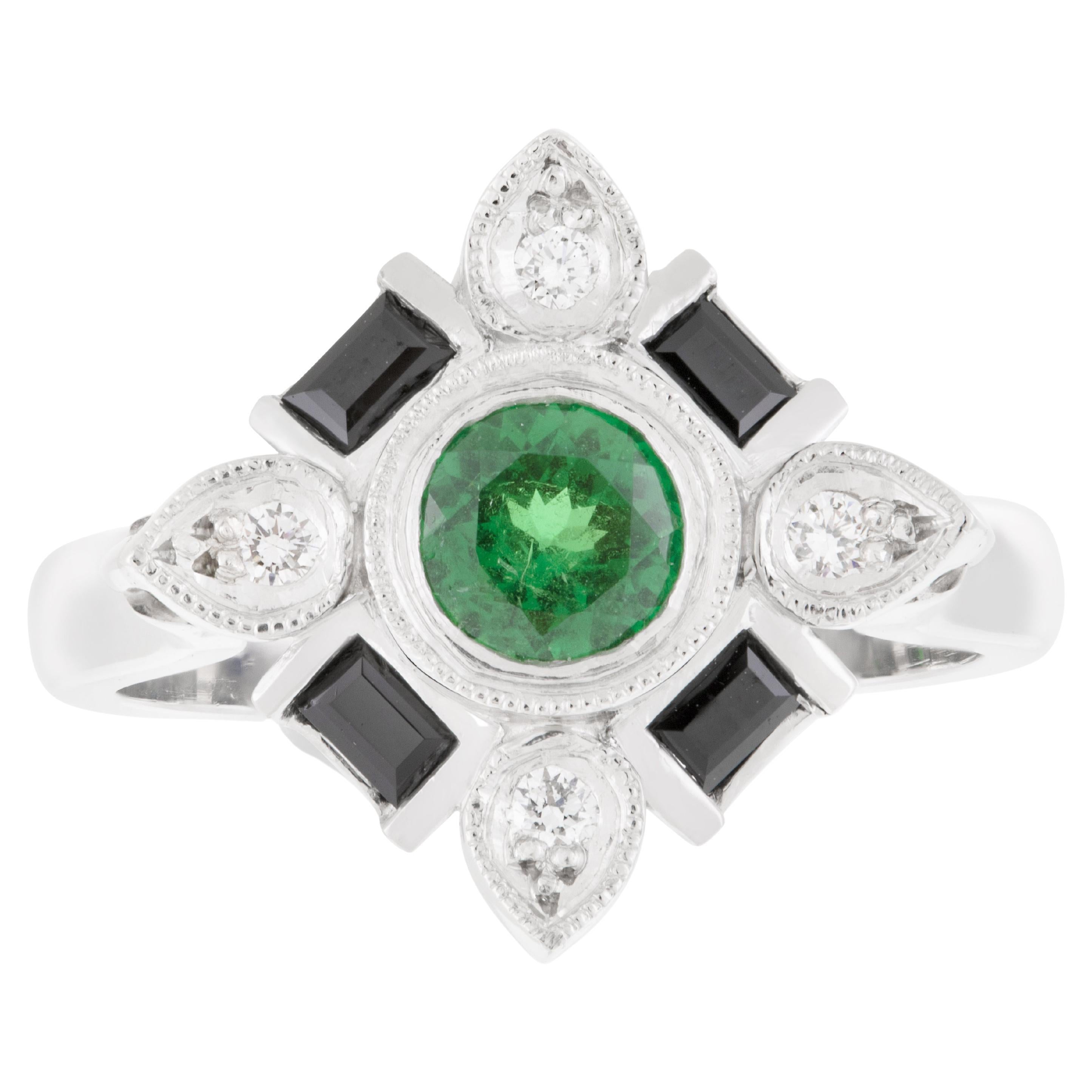 Handmade Platinum Tsavorite Garnet, Black Spinel and Diamond Art Deco Dress Ring For Sale