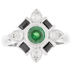 Handmade Platinum Tsavorite Garnet, Black Spinel and Diamond Art Deco Dress Ring