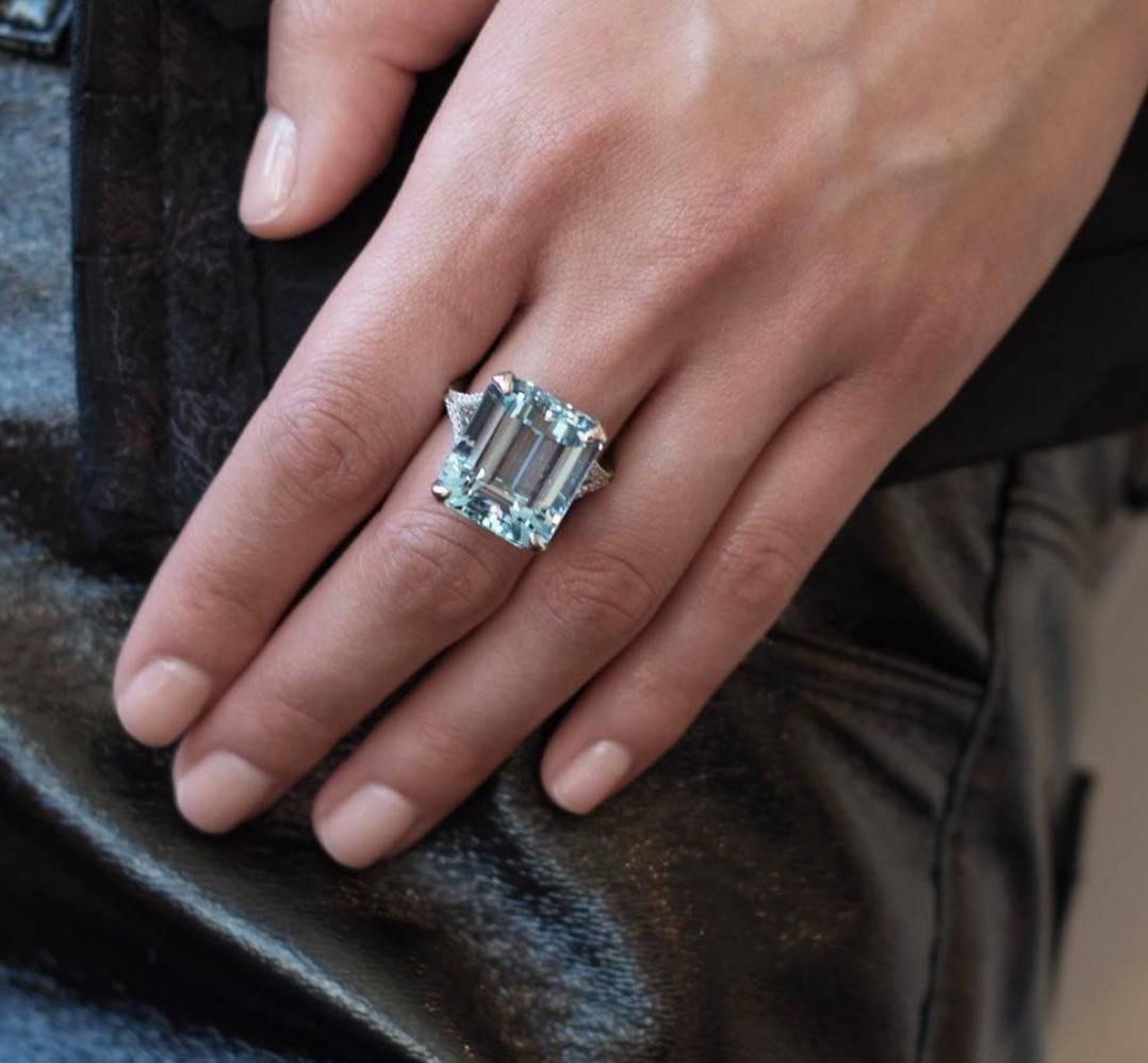 Emerald Cut Handmade Platinum, Diamond & 18.15ct Natural Brazilian Aquamarine Cocktail Ring For Sale