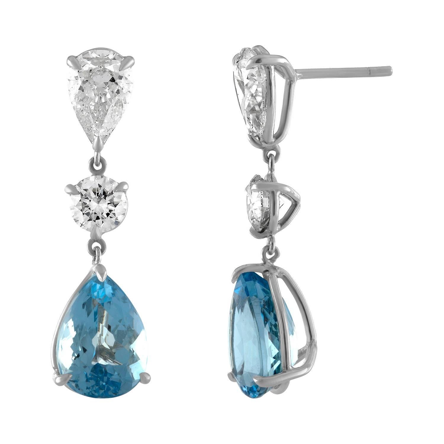 Handmade Platinum, GIA Certified Diamond & 5.47ct Pear Shape Aquamarine Earrings For Sale