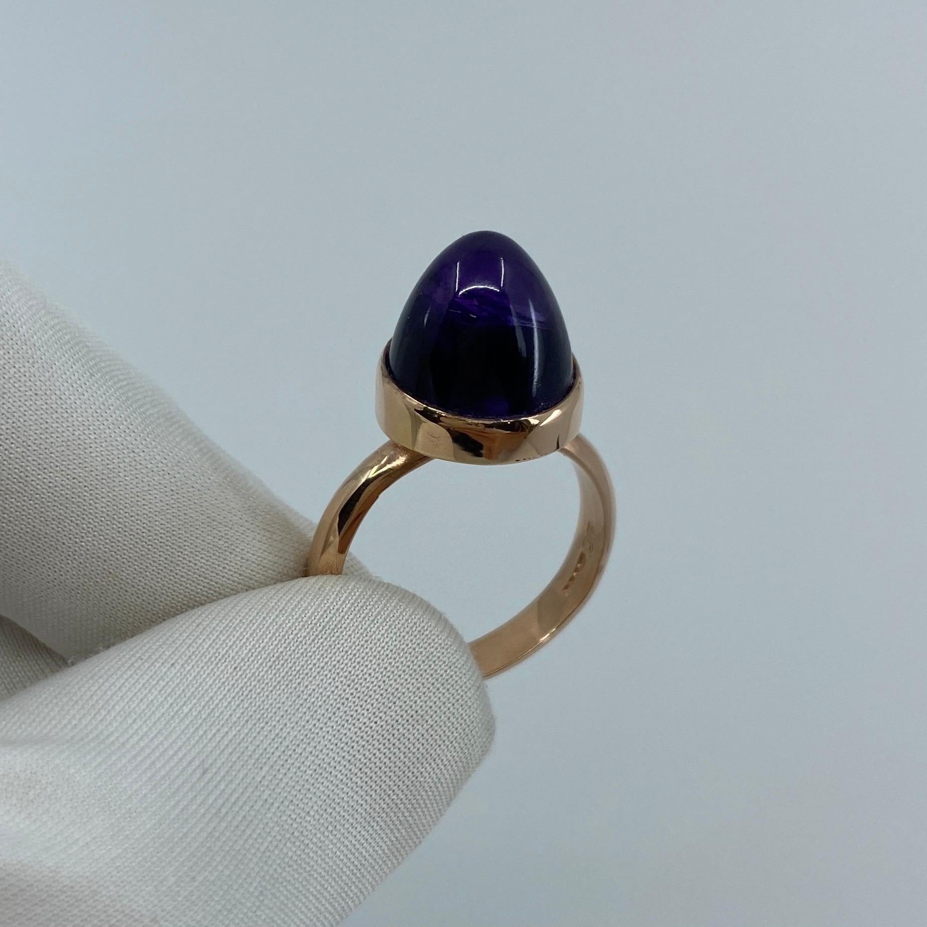 Handmade Pointed Cabochon Amethyst 9k Rose Gold Rubover Ring For Sale 1
