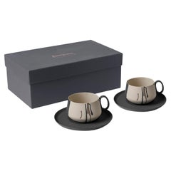 Handmade Porcelain Tea Cup With Saucer Set of 2- Colour Wave in Black Rock Ivory