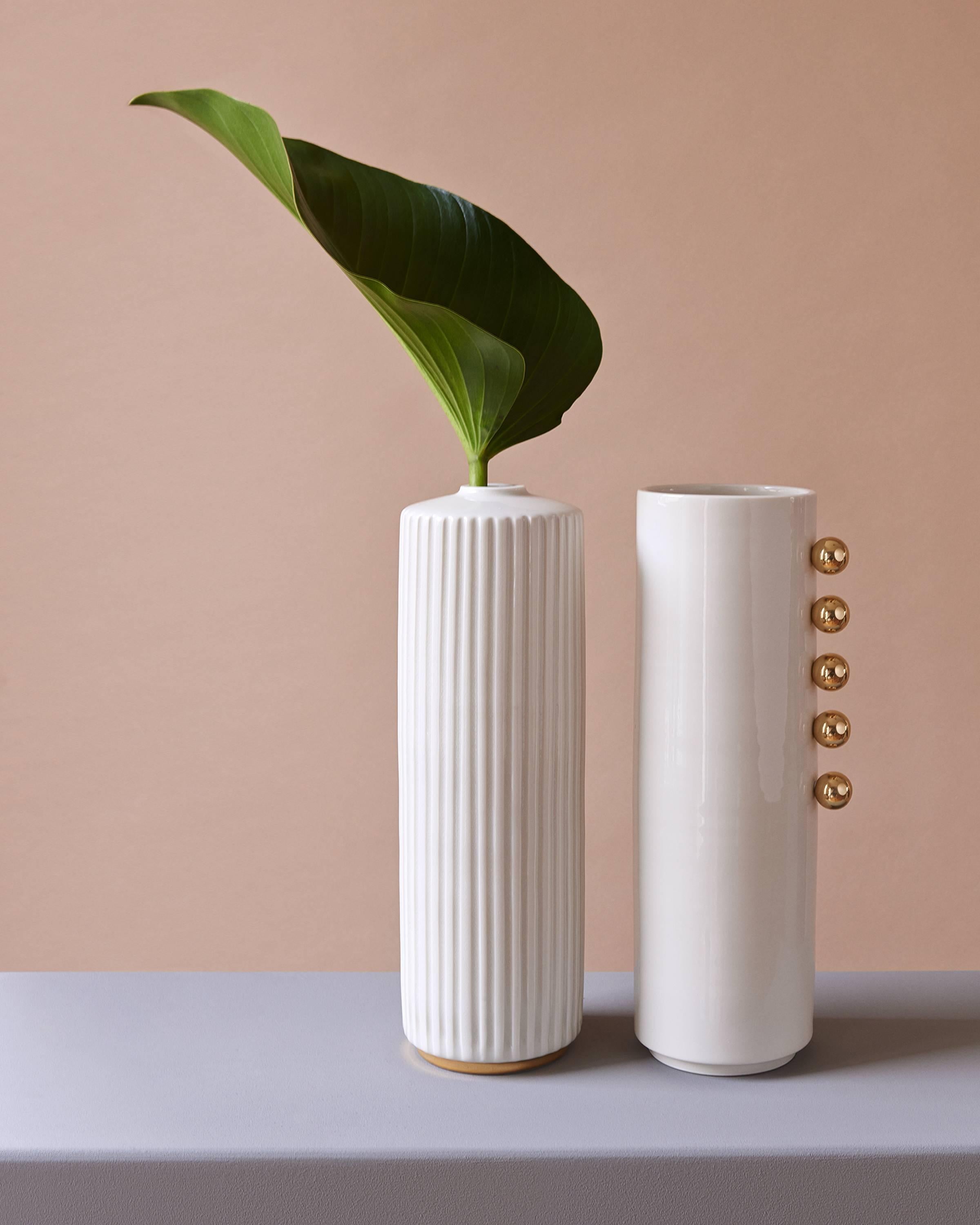 Indonesian Handmade Porcelain Vase, Striped, 25k Gold Base, Contemporary, Modern  For Sale