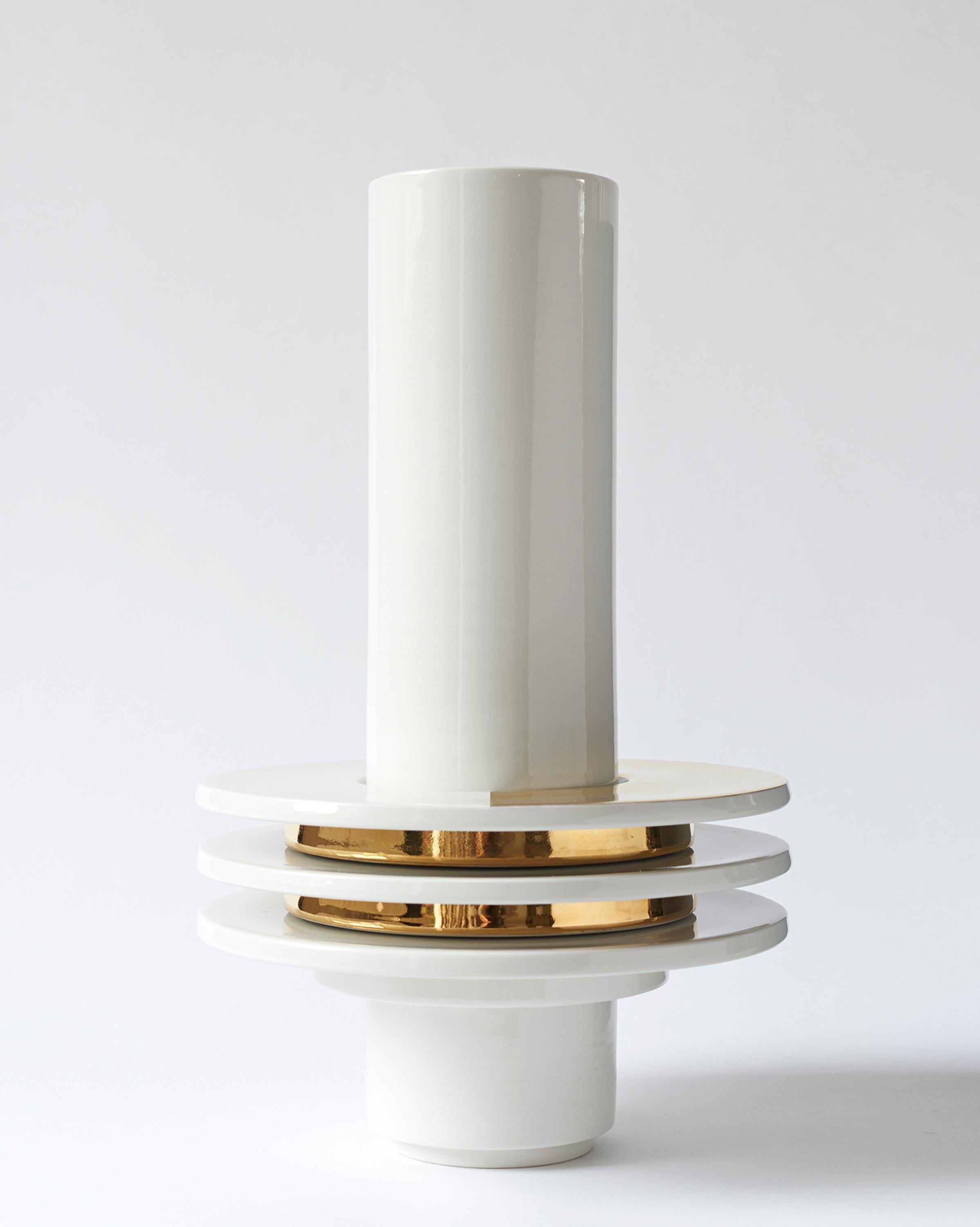 Glazed Handmade Porcelain Vase, Modular 24-Karat Gold Rings, Contemporary For Sale