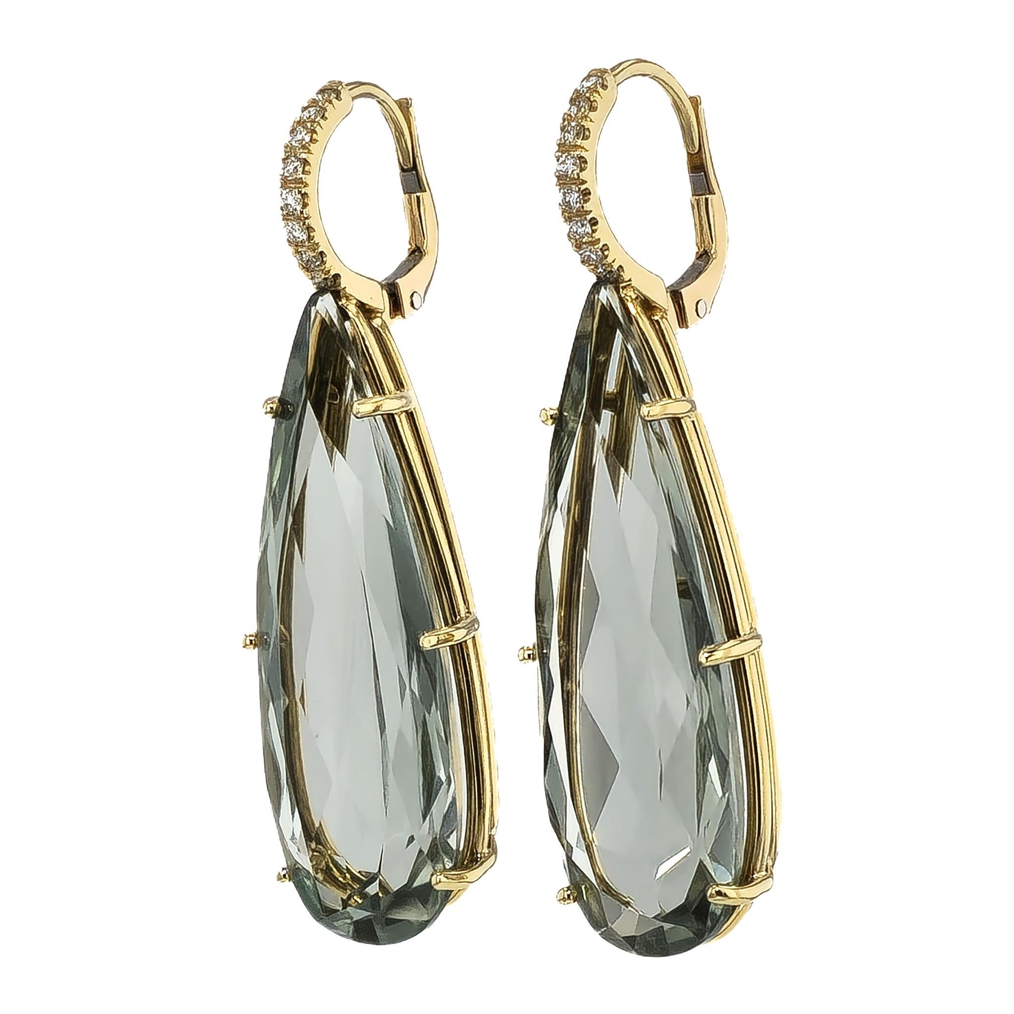 Women's Handmade Prasolite Yellow Gold Diamond Pave Drop Earrings For Sale