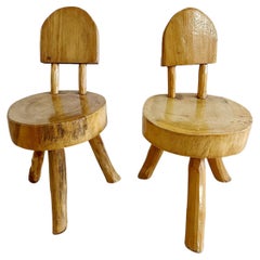 Handmade Primitive 1970s Solid Wood Chairs a Pair