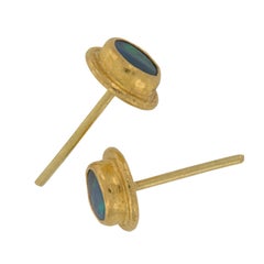 Handmade Pure 24 Karat Yellow Gold and Black Opal Stud Earrings