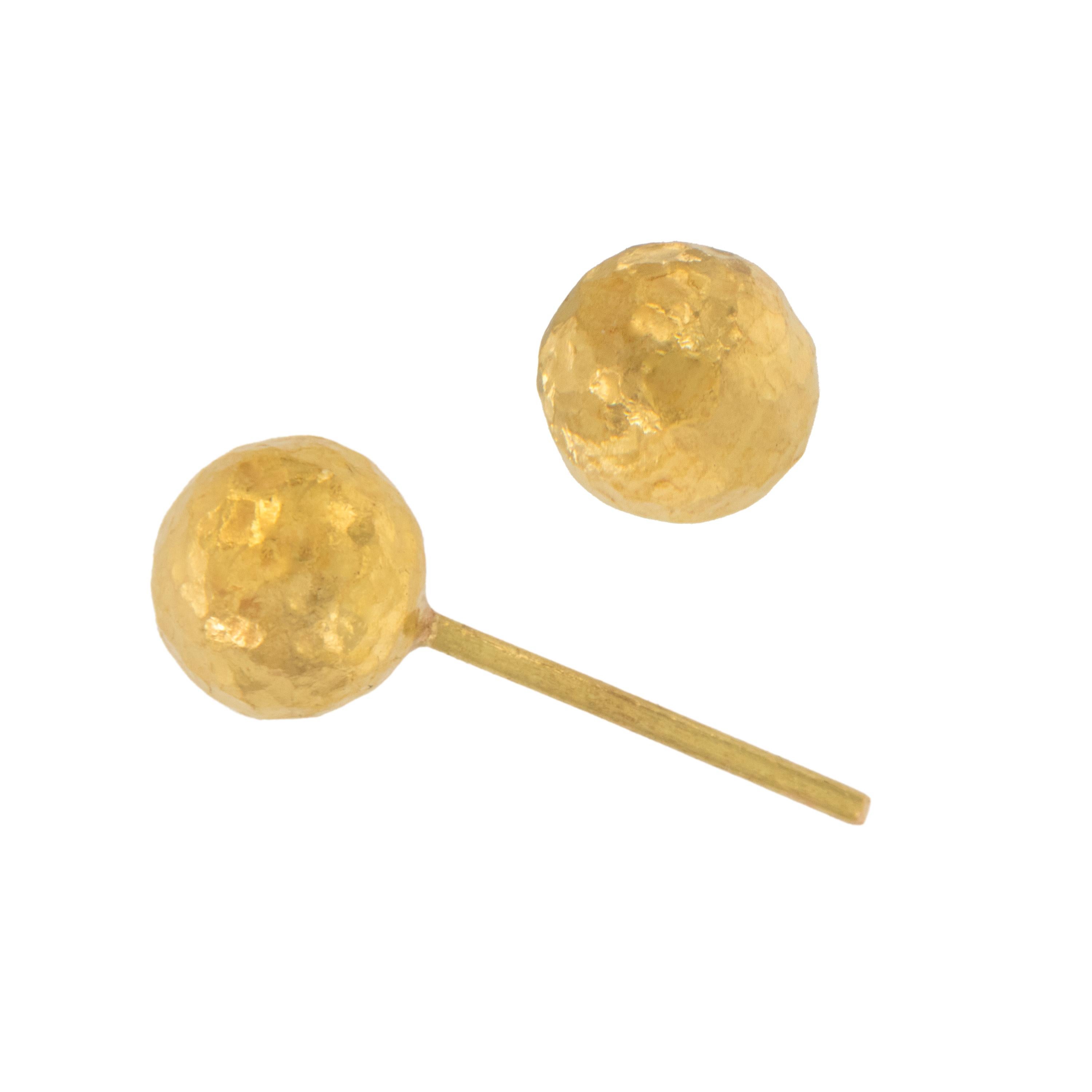 Byzantine Handmade Pure 24 Karat Yellow Gold Hammered Ball Stud Earrings For Sale