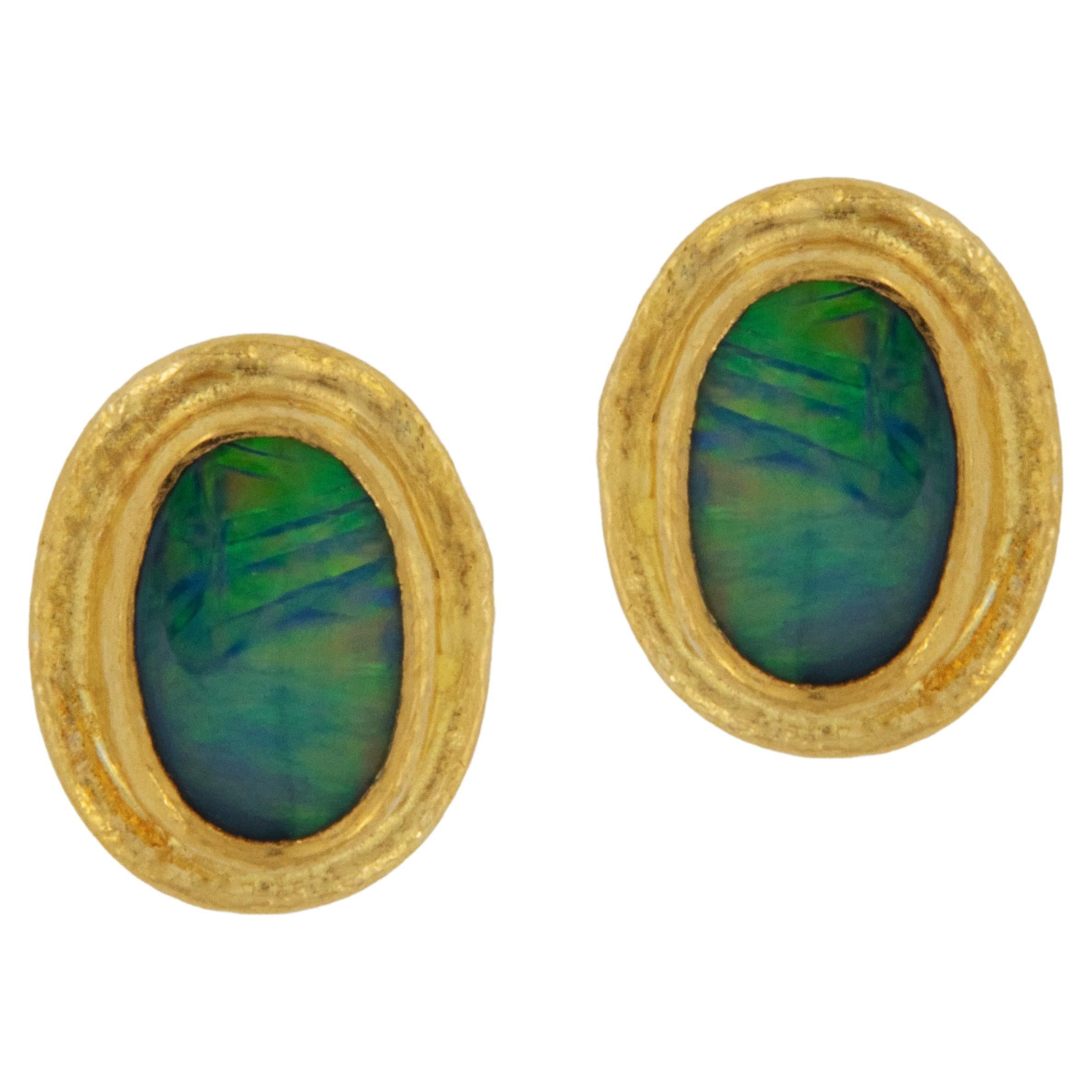 Handmade Pure 24 Karat Yellow Gold Opal Stud Earrings For Sale